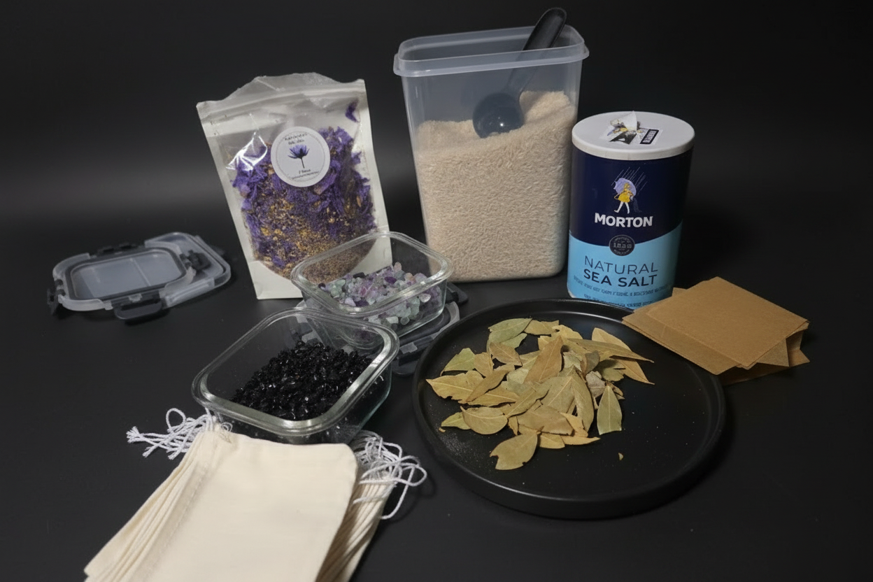 DIY spell bag ingredients flat lay — blue lotus flowers, crystal chips, Basmati rice, sea salt, bay leaves, and parchment scrolls
