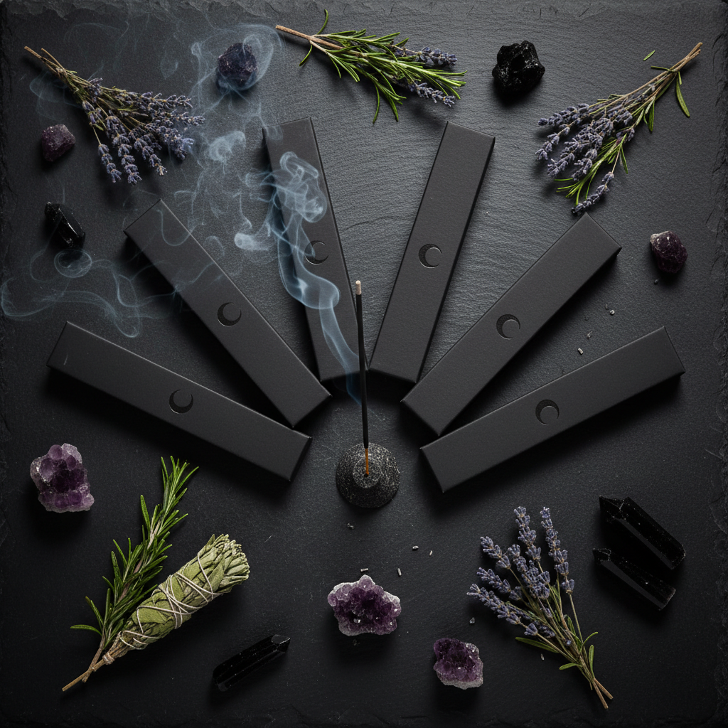 Six slim incense boxes fanned out on dark slate with smoke crystals and dried herbs