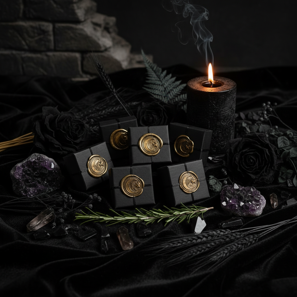 Six dark apothecary boxes with gold crescent moon wax seals on black velvet with crystals and candle