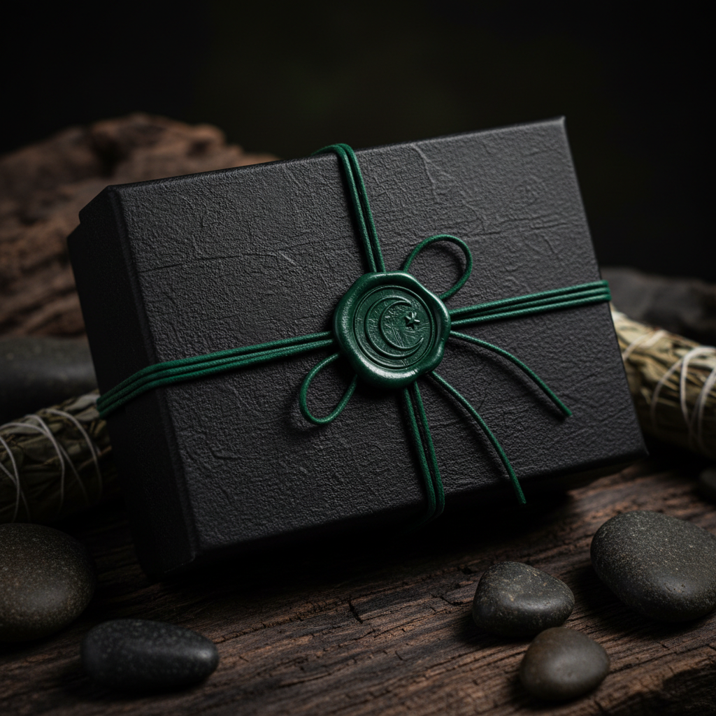 Dark green wax sealed box with crescent moon on aged wood with stones and dried sage
