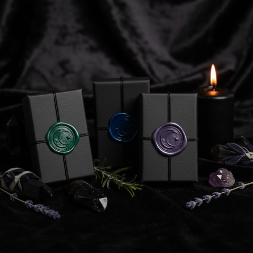 Three dark apothecary boxes with crescent moon wax seals on black velvet with crystals and candle