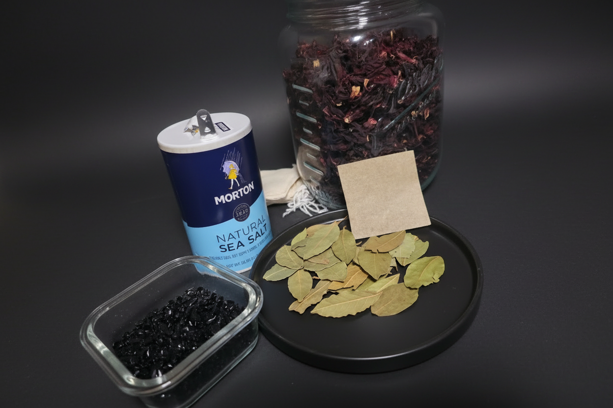 Chaos Witch bag ingredients — sea salt, obsidian crystal chips, Rosella hibiscus bulbs, bay leaves, and parchment scroll