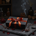 Ash and Ember Box with crescent moon wax seal, incense smoke, dark gothic apothecary styling