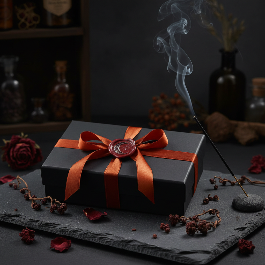 Ash and Ember Box with crescent moon wax seal, incense smoke, dark gothic apothecary styling
