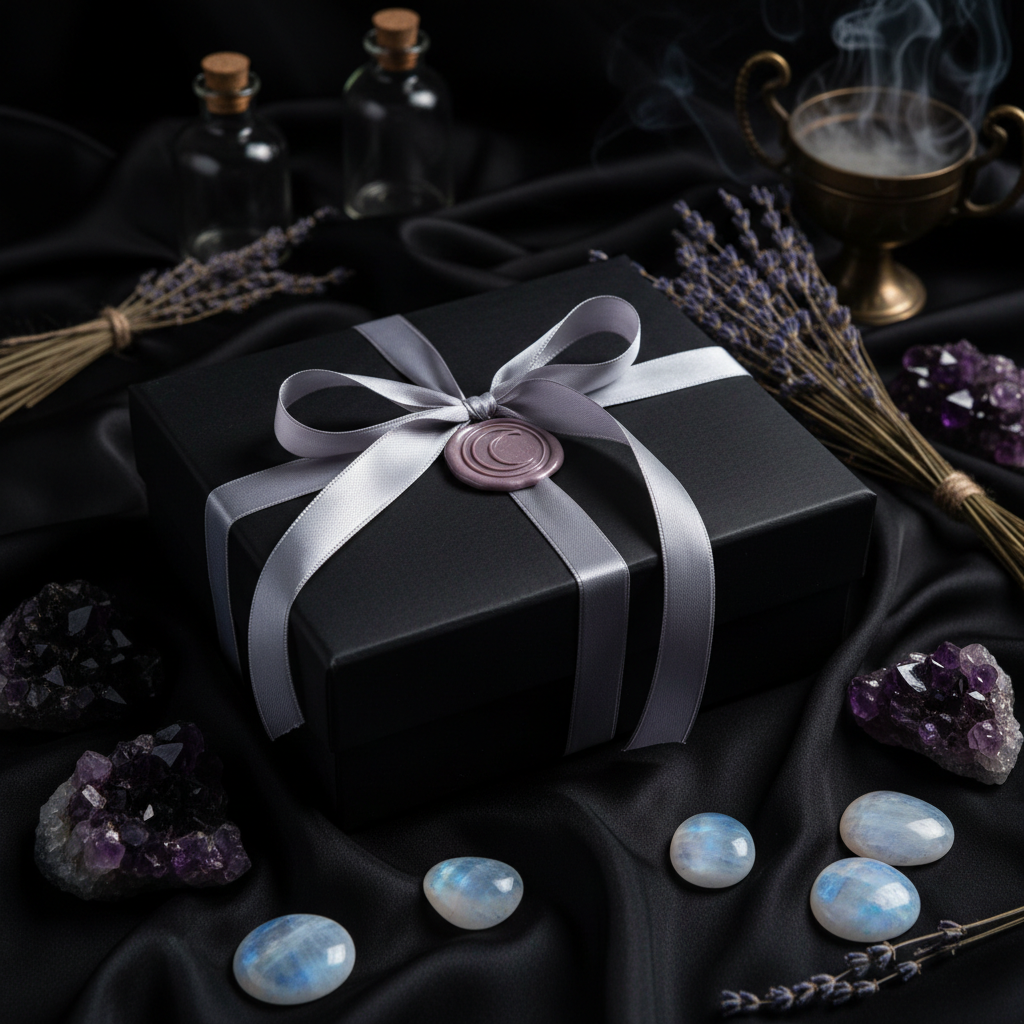 Lavender crescent moon wax sealed box on dark silk with amethyst and dried lavender