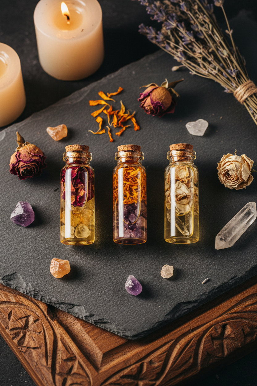 Flat lay of botanical crystal specimen vials on dark slate with dried flowers and raw crystals
