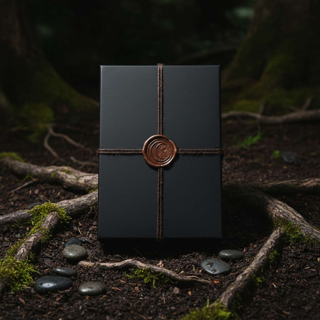 Dark brown crescent moon wax sealed box on dark soil surrounded by roots moss and river stones