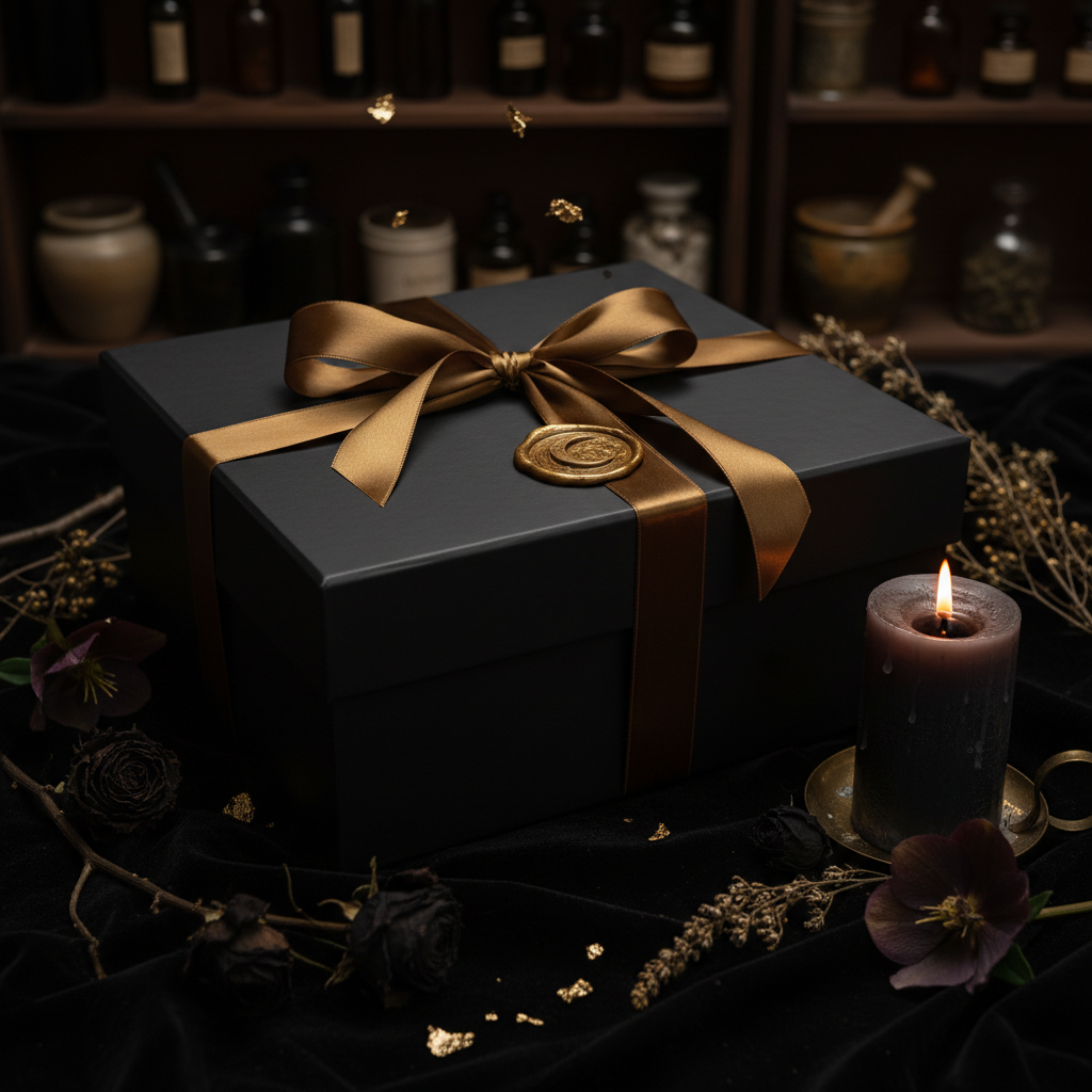 Grand gold crescent moon wax sealed box on dark velvet with botanicals gold leaf and pillar candle