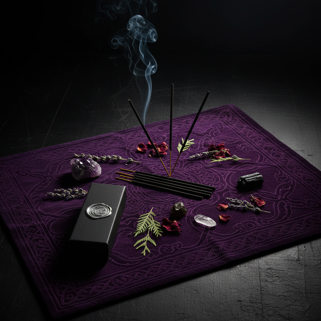 Six dark brown incense sticks on purple Celtic knotwork altar cloth with smoke herbs and crystals