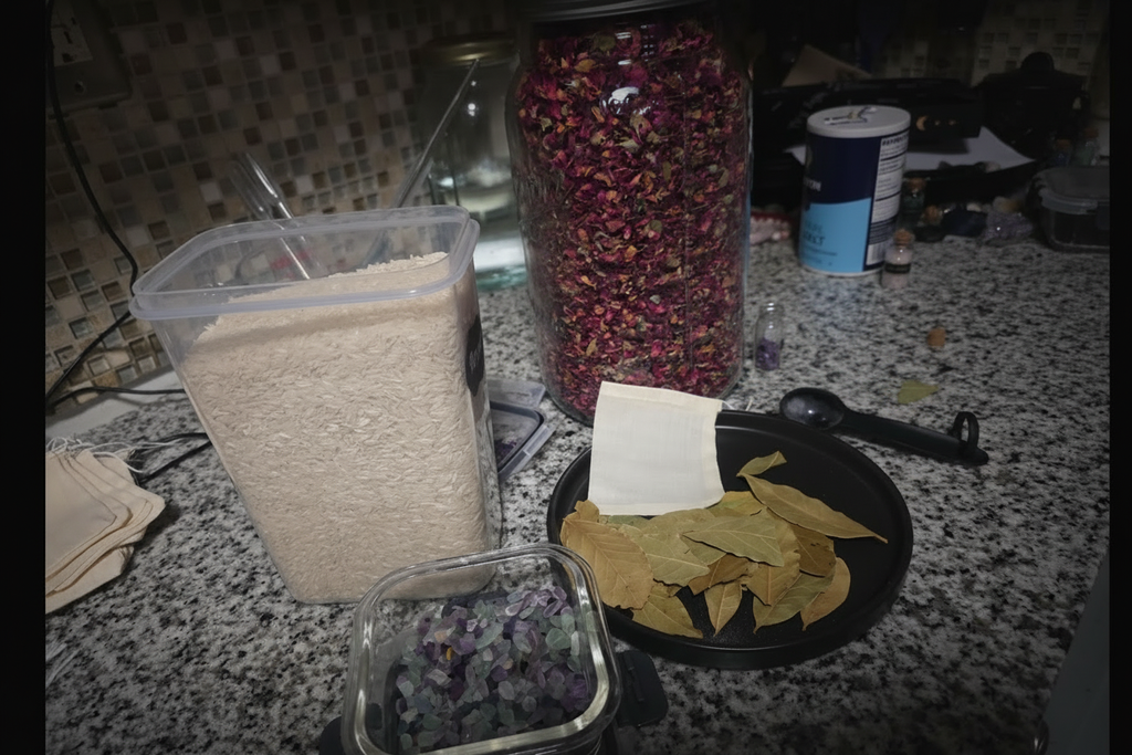 Heart Sanctuary bag ingredients — Basmati rice, dried rose petals, amethyst and fluorite crystal chips, bay leaves, and parchment scroll