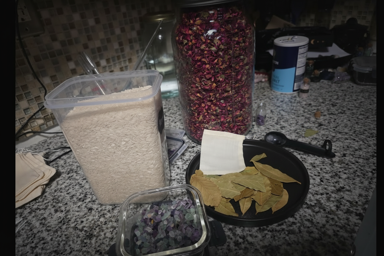 Heart Sanctuary bag ingredients — Basmati rice, dried rose petals, amethyst and fluorite crystal chips, bay leaves, and parchment scroll
