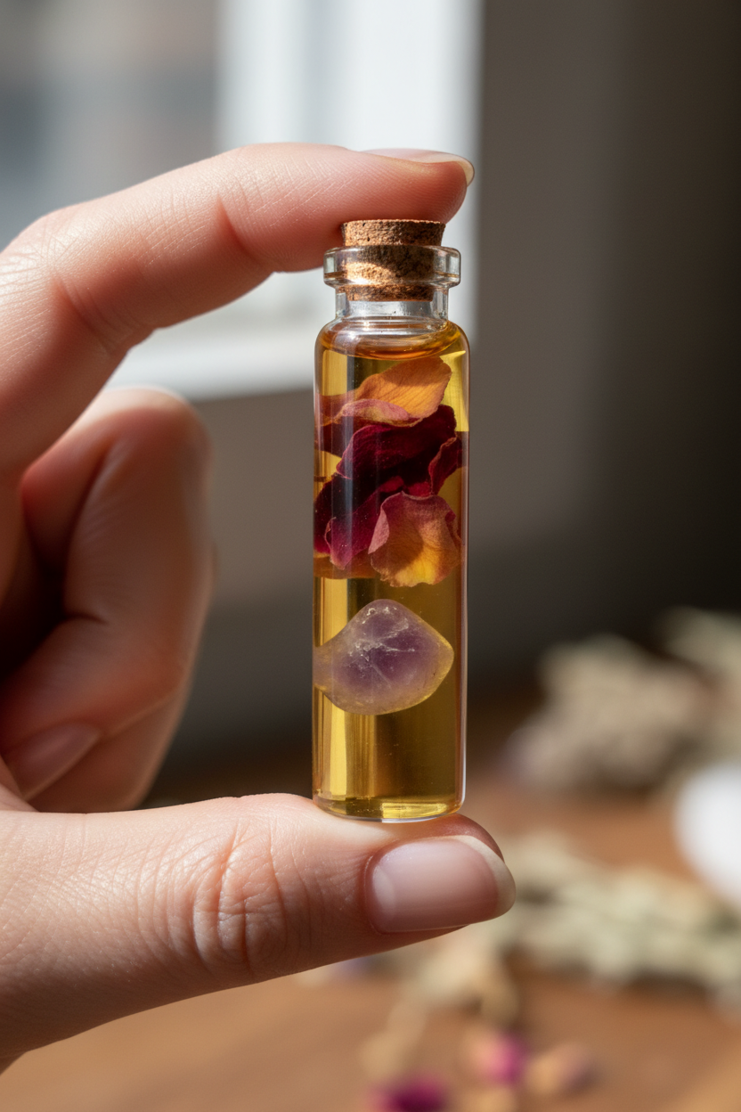 Hand holding a glass specimen vial with botanical oil and amethyst crystal