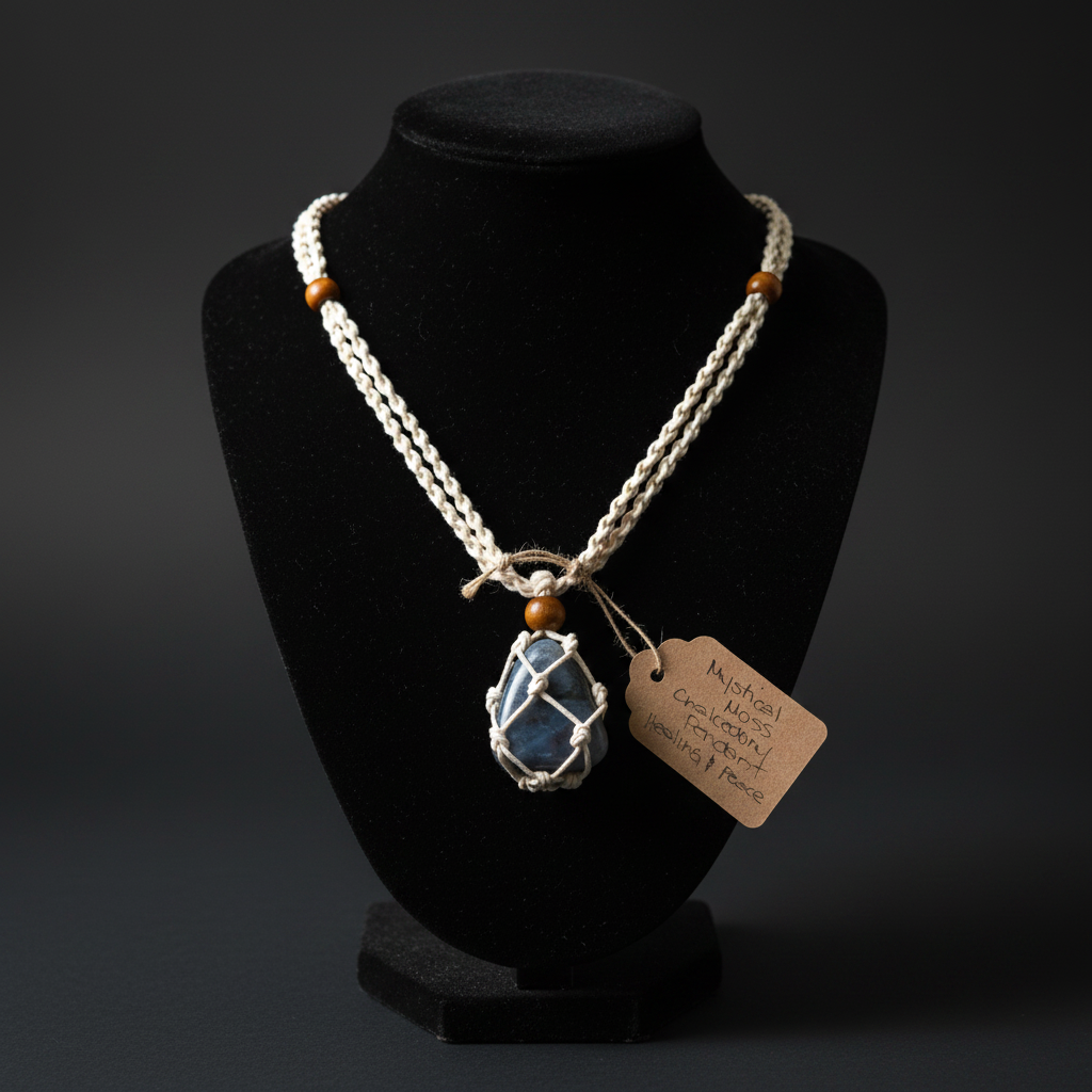 Mystical Moss Chalcedony Pendant on necklace display holder